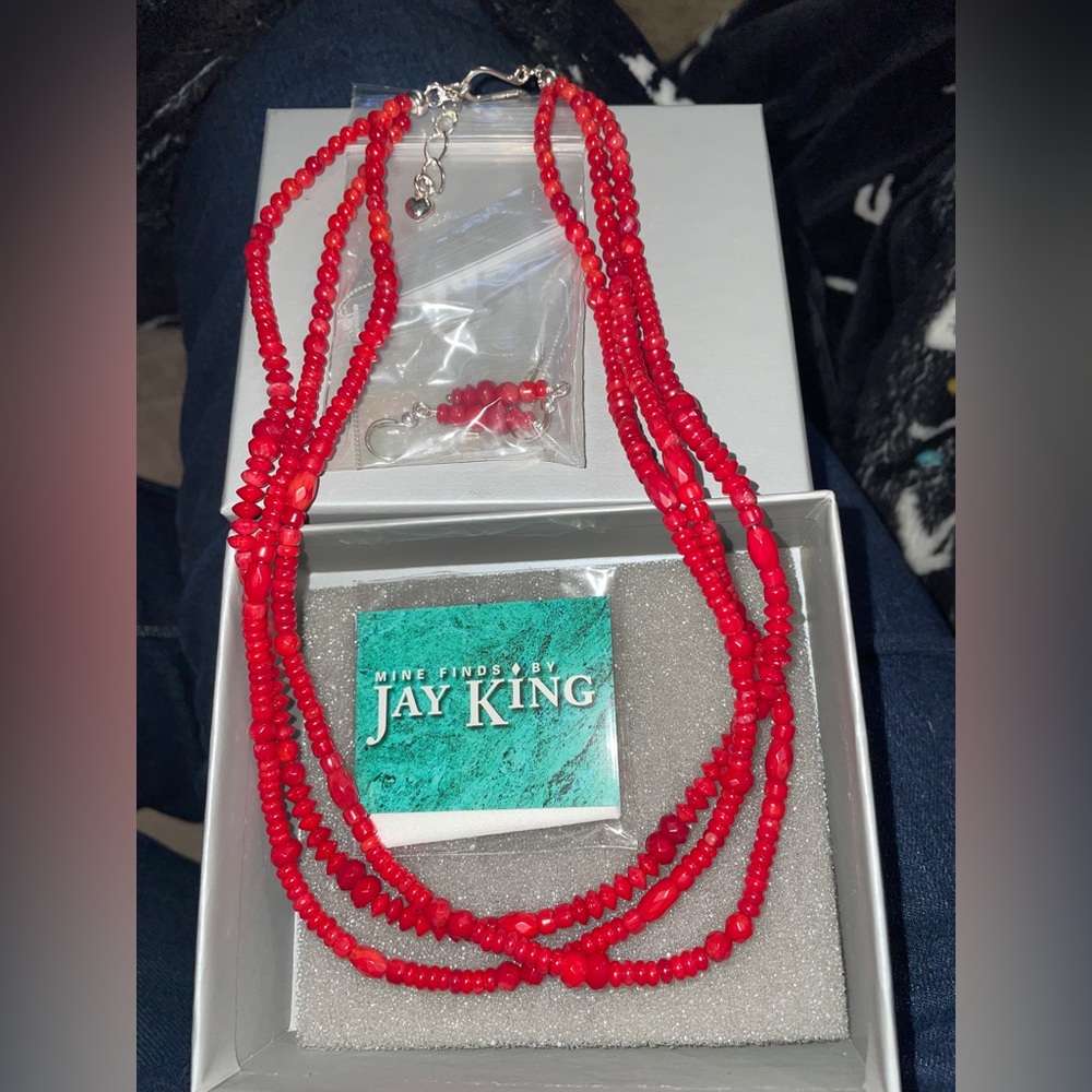 Red Coral Bead 3-Strand Necklace  & earrings (pierced) by Jay King - Picture 2 of 6